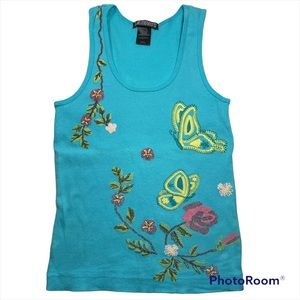 L.A. Movers aqua 2x2 rib tank top with butterfly floral print Size S